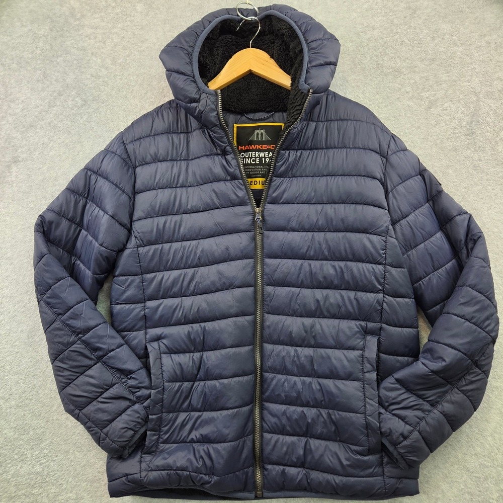HAWKE & CO Gorpcore Empire Sherpa Lined Hooded Puffer Jacket Mens M Navy Blue